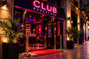 Ocio nocturno y clubes de striptease en Barcelona Entrada ilustrativa de un club nocturno en Barcelona con iluminación de neón