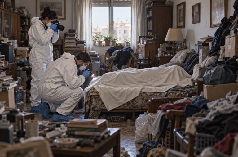 Recreación de dos técnicos forenses examinando un cuerpo cubierto en una vivienda con acumulación extrema.